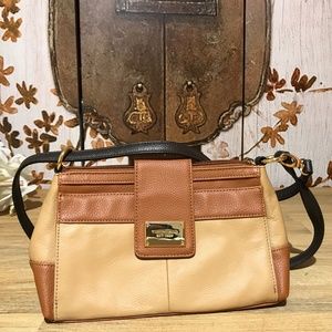 Tiagnello small cream and tan handbag with brown straps